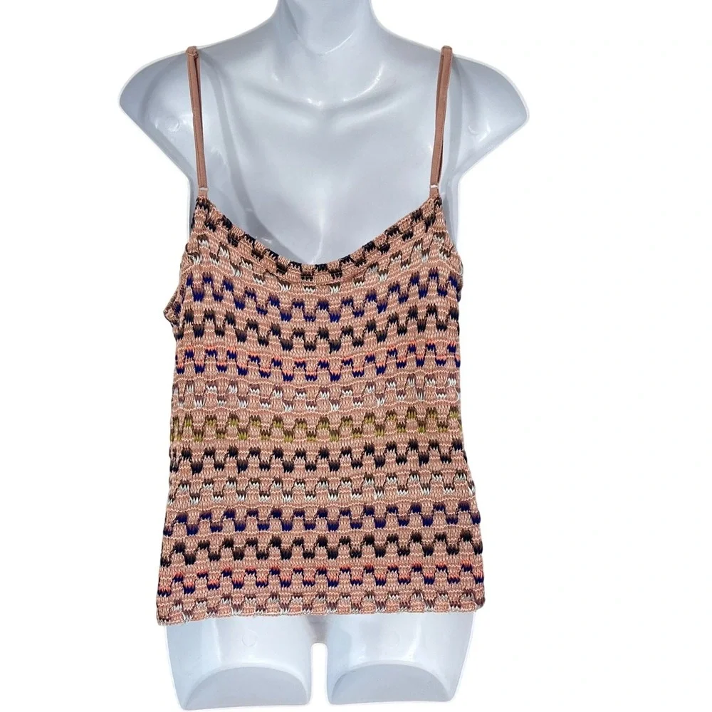 Free‎ People Cami Tank Women Large Pink Multi Chevron Knit Lace Trim Y2K